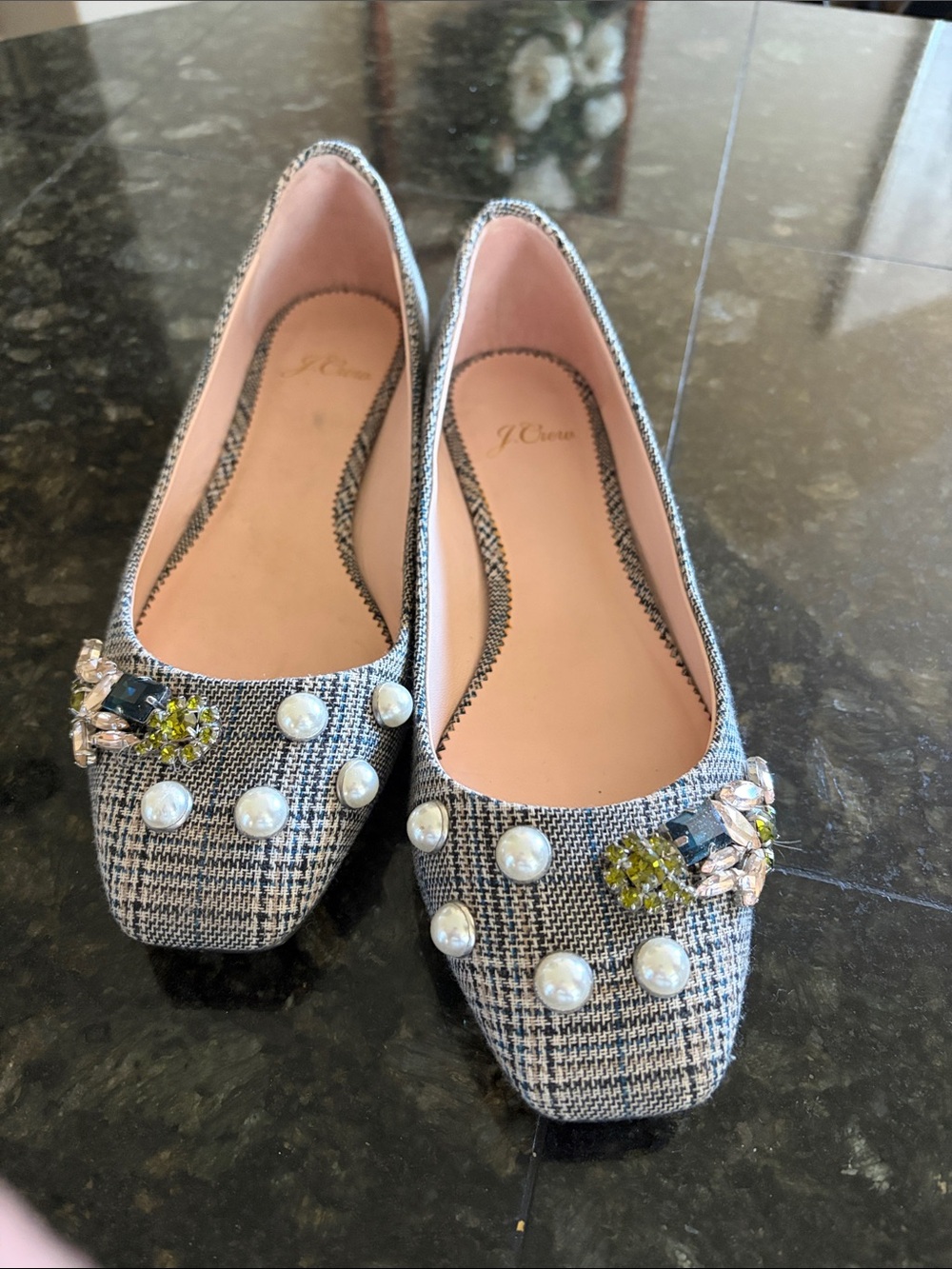 J. Crew Tweed Pearl & Crystal Embellished Flats - Black, White, Pink